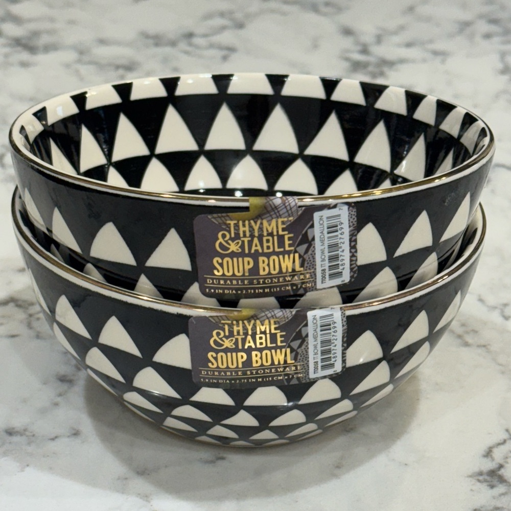 (2) Thyme & Table Soup Bowls Black White Medallion Geometric
